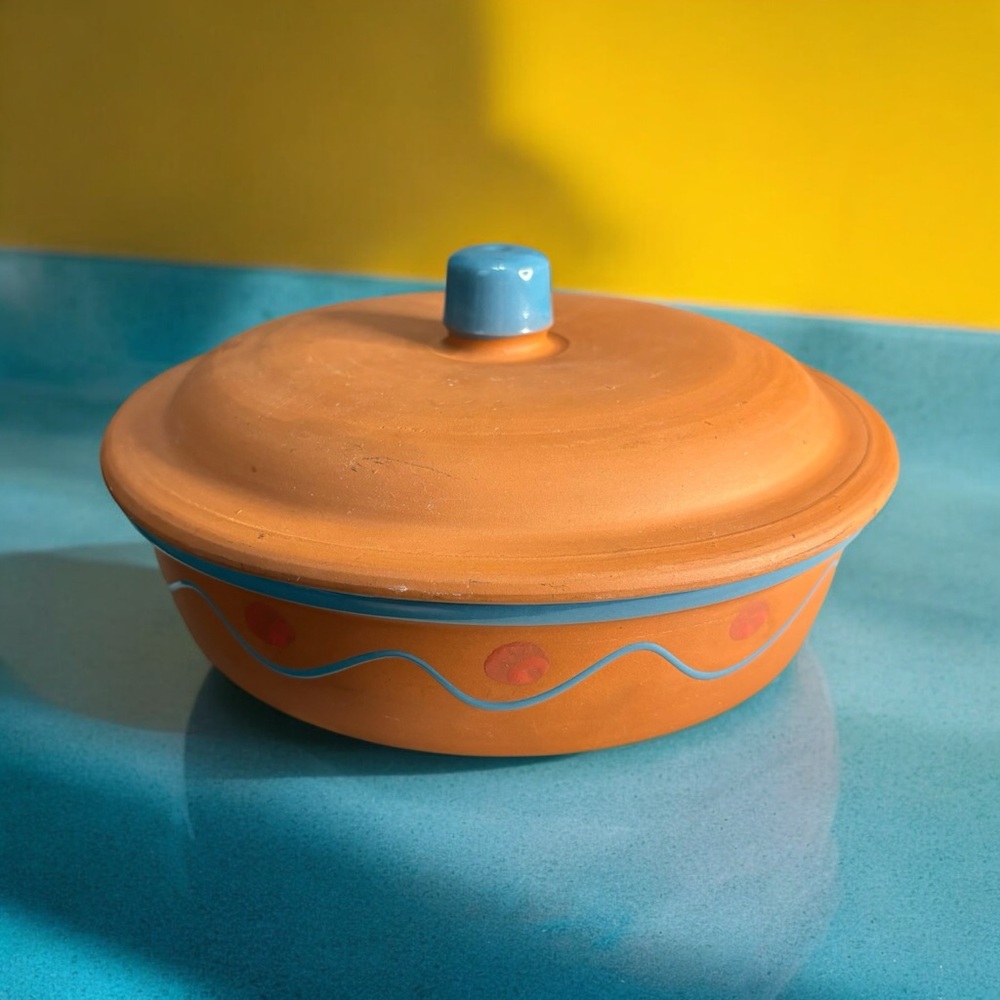 Himark Redware Casserole Baking Dish & Lid. Terra Cotta Blue & Orange Trim